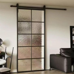 Sliding barn door with textured glass panel